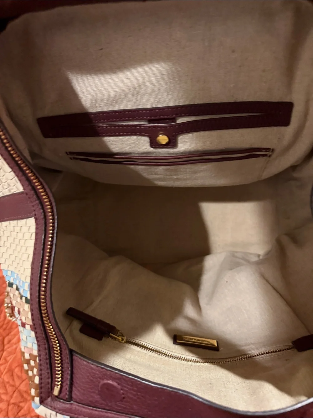 Tory Burch Cream Woven Tote with Burgundy Flap and Multicolor Stripe Accents